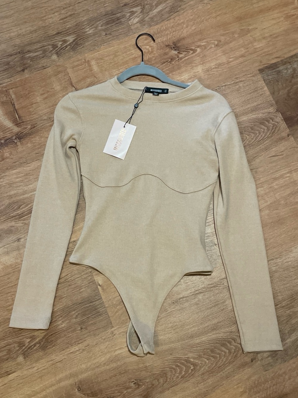 Missguided Beige Ribbed Long Sleeve Bodysuit